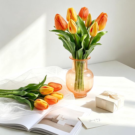 Kunsttulpen, oranje, 7 stuks, kunsttulpen, latex, hoogwaardige kunsttulpen met knoppen/bloemen, tulpen zoals echt voor doe-het-zelf, bruiloftsboeketten, Moederdag, woon-kamer, eettafel — afbeelding 5