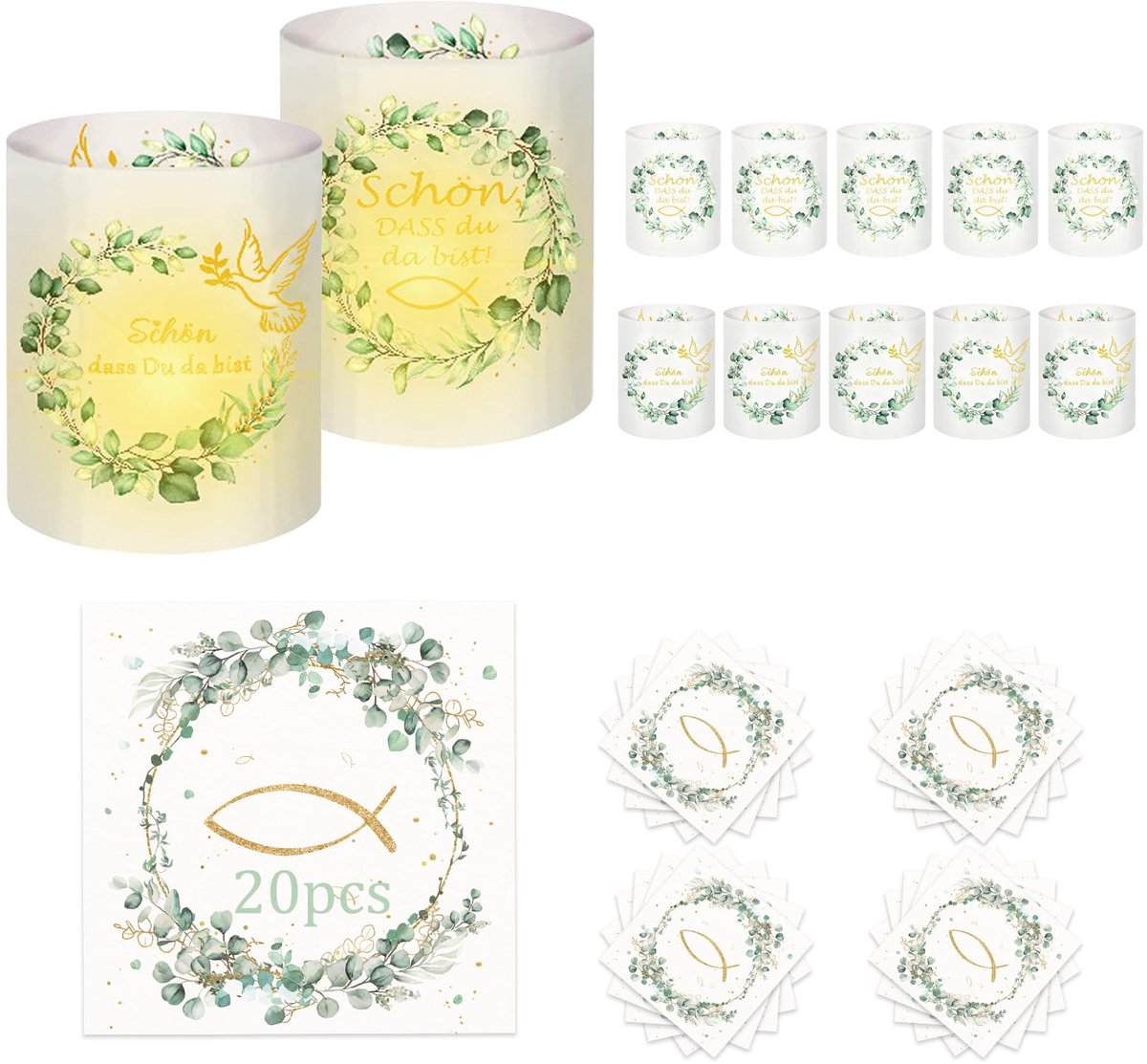 12 windlicht tafeldecoratie, vormsel decoratie en servetten vormsel, theelicht decoratie, communie jongens meisjes geschenken gastgeschenken, voor theelichtjes of kaarsen (wit)