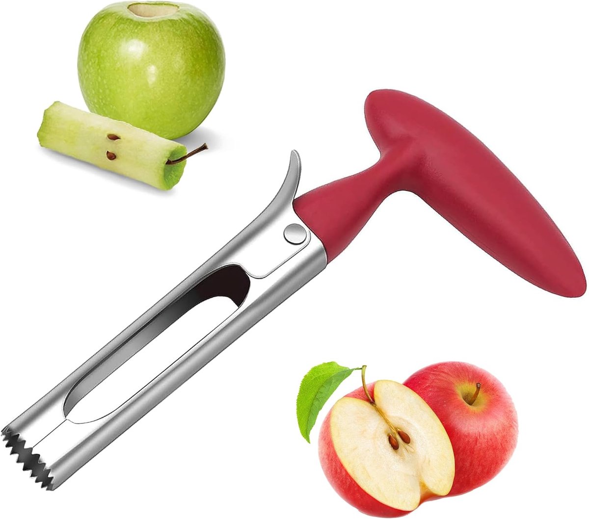 & appelsnijder roestvrij staal, appelkern koekjesvormpje met rood handvat gekarteld mes, voor appels, peren en ander fruit