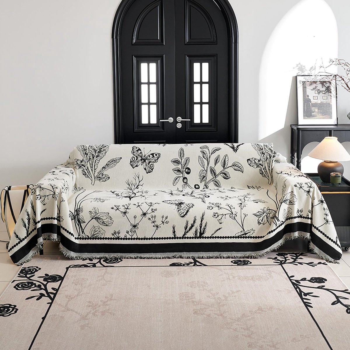 plaids, chenille sofa deken met kwastjes, multifunctionele deken, jacquard patroon settees gooien voor bank, fauteuil bedden 180 x 300 cm-zwart