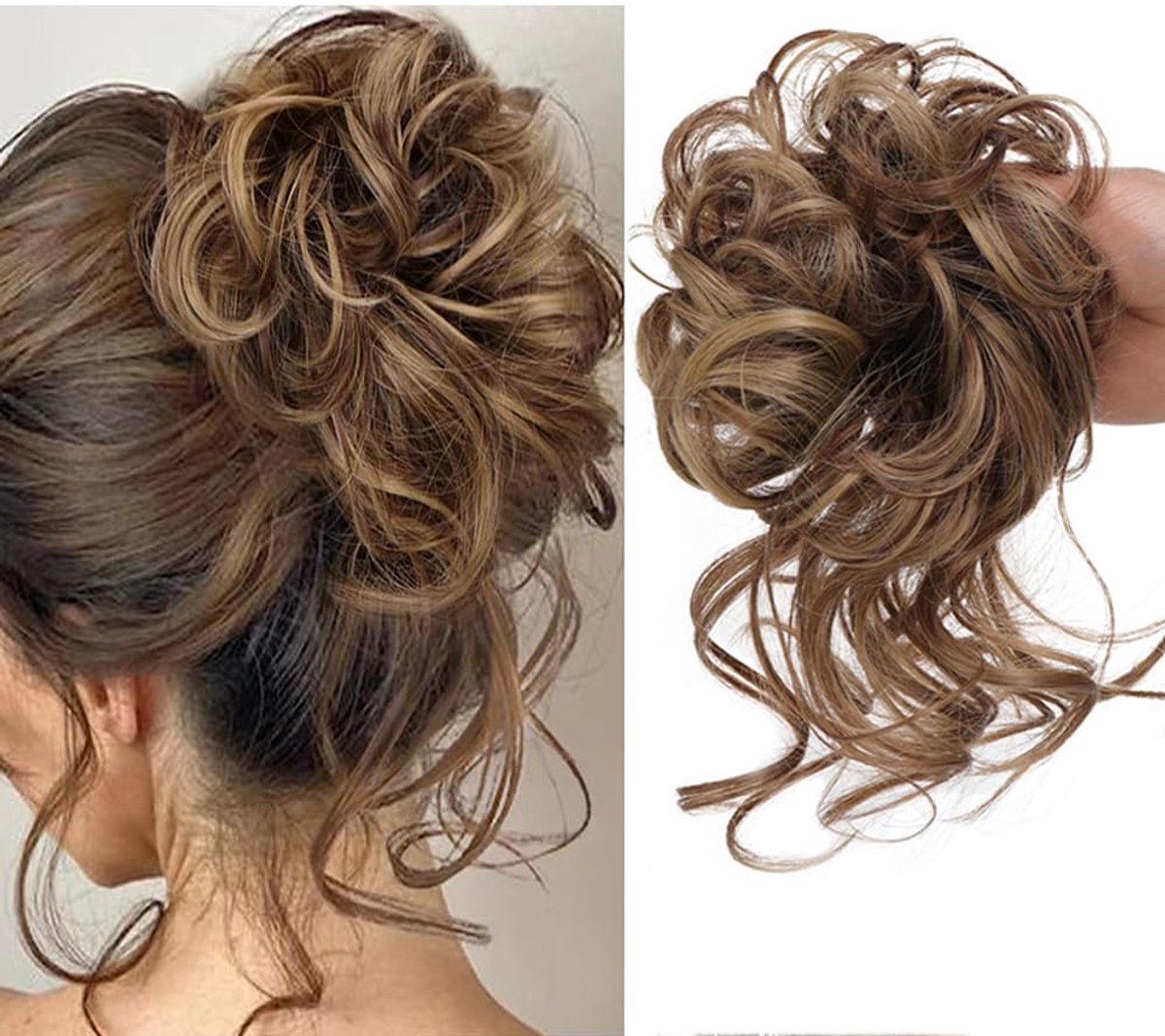Hair Bun Haarstuk met elastiek, haarstukje, grote knot, haarelastiek met haar,messy bun haarstukje met elastiek voor vrouwen en meisjes (12/24 bruin mix lichtbruin)