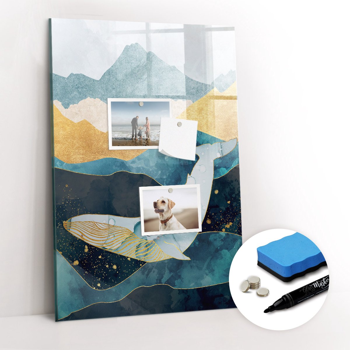 Tulup Whitebord - Marmeren walvis - 40 x 60 cm - Blauw Memobord Magnetisch - Gratis 5 Sterke Magneten + Whiteboard Marker & Wisser - Stylish Memo Board - Magneetbord Rechthoekig - Planning Muur