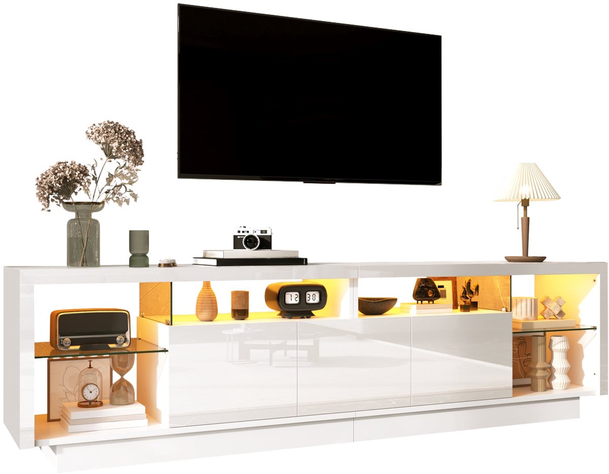 Merax TV-Meubel - Wit - 200 cm - Met LED-Verlichting - 3 Hoogglans Deuren - Glazen Legplanken - Veel Opbergruimte