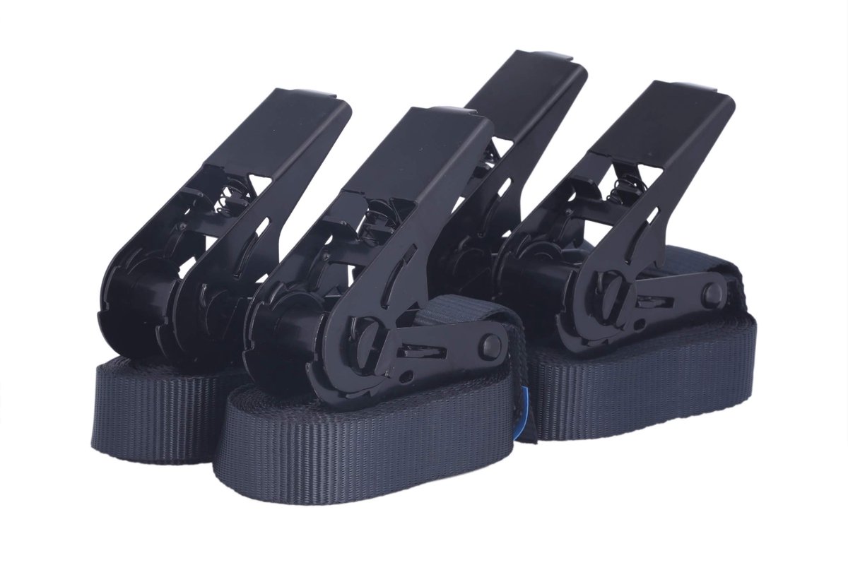 Famanu – Sandax 4-delige spanbandenset met ratel - duurzame, eendelige spanriemen, ratelriemen, lengte 4 meter (4 m), breedte 25 mm, kleur zwart, TüV-gecertificeerd, belastbaar tot 900 kg, volgens EN 12195