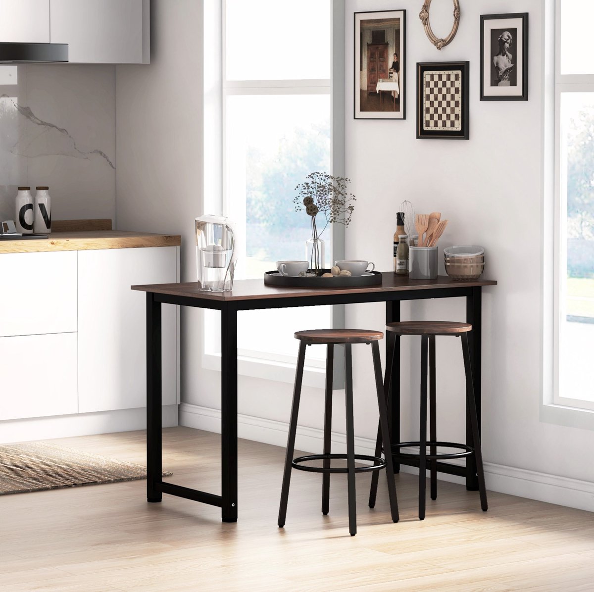 STILVORA Barkruk Set van 2 65 Cm Industrieel Met Voetensteun Voor Keuken En Eetkamer Hout En Metaal Bruin Zwart