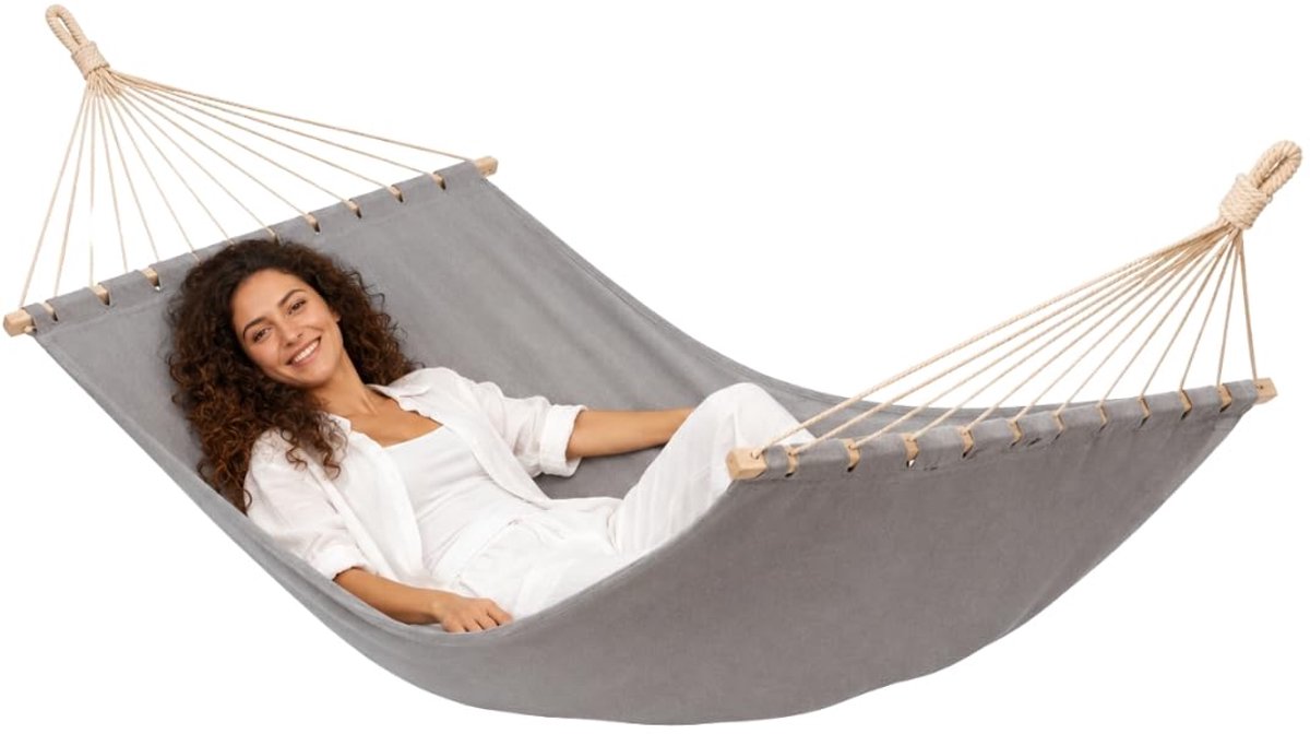 Famanu – XXL spreiderstok voor hangmat, 200 x 120 cm, grijs, dubbele ligstoel voor 2 personen tot 150 kg, stevig katoen voor binnen en buiten, massief hardhout