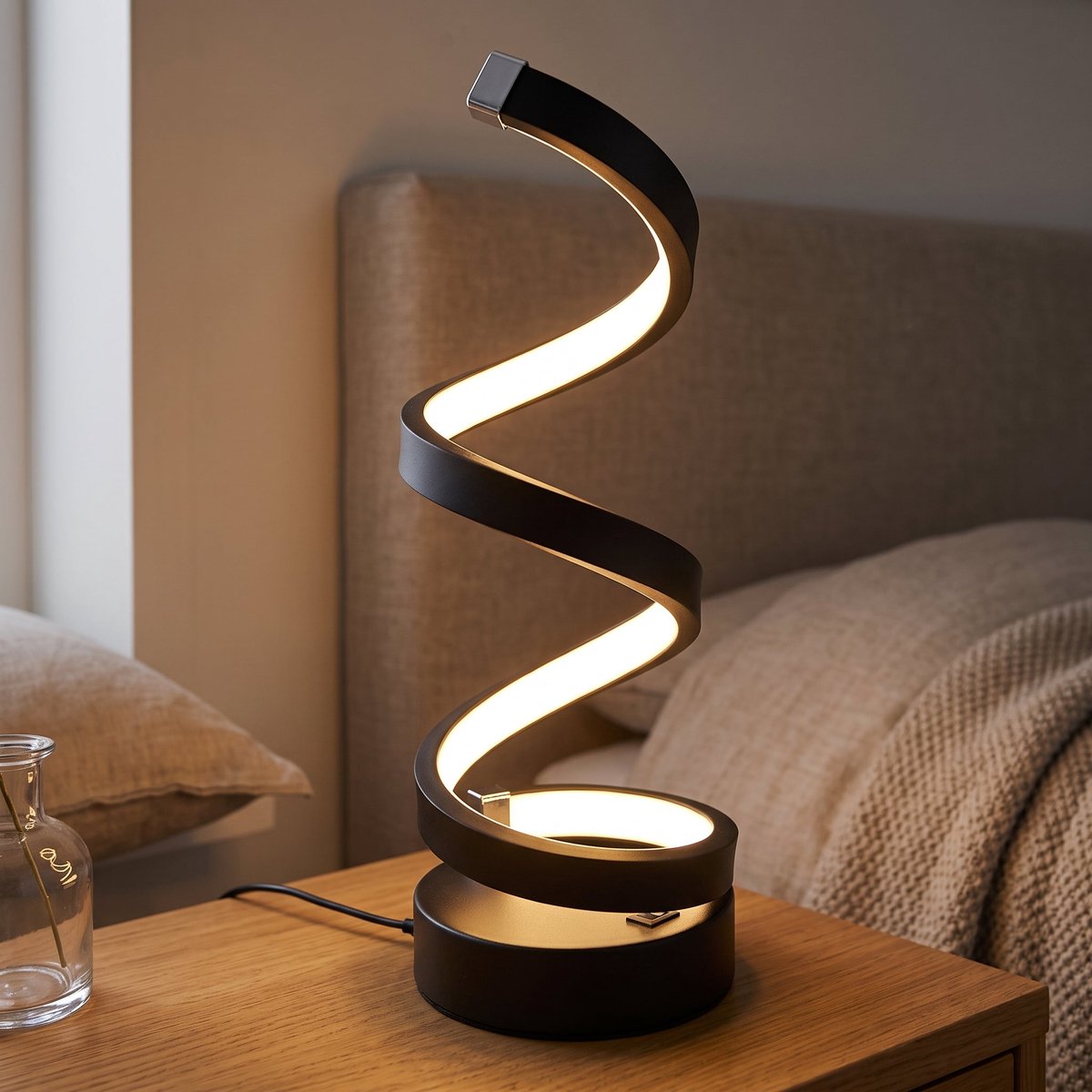 Cheqo® LED Tafellamp - Spiraal Tafellamp - Modern Spiraal Design - Dimbaar - Touch Bediening - Bureaulamp - Sfeerlamp - Nachtlamp - Bedlampje voor Slaapkamer en Woonkamer - Decoratieve Verlichting voor Nachtkastje - Zwart - USB