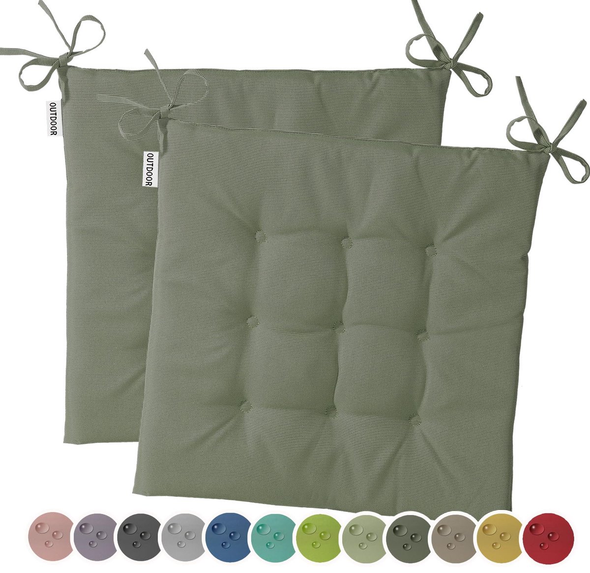 Famanu – Set van 2 outdoor stoelkussens, waterafstotend en weerbestendig, tuinkussen, 40 x 40 cm, doorgestikt, geschikt voor tuinstoelen en tuinbanken, olijf