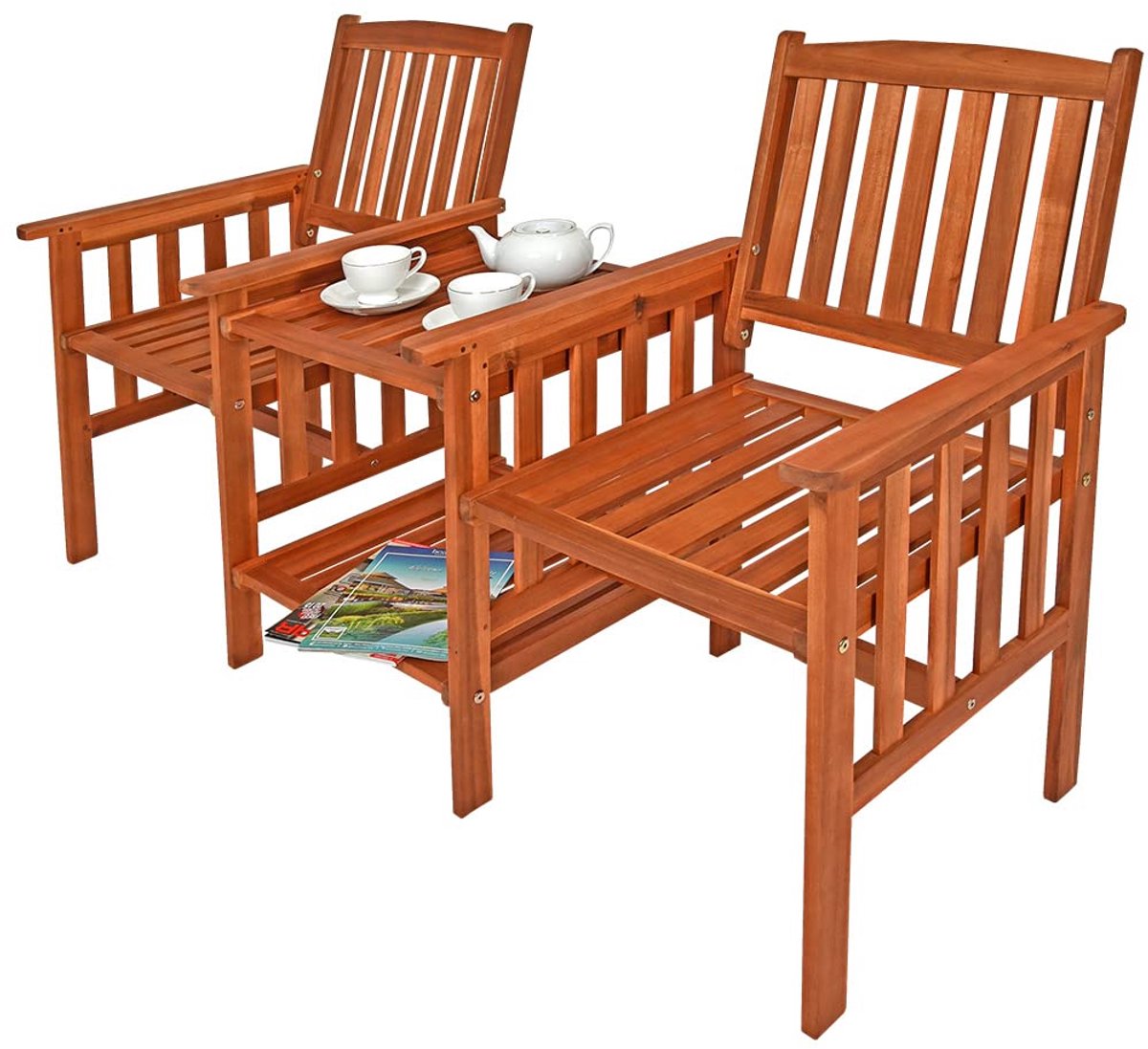 Famanu – Tuinbank van acaciahout, weerbestendig, 2-zits met tafelopslag, 163 x 58 x 91 cm, belastbaar tot 320 kg, ideaal voor balkon en tuin