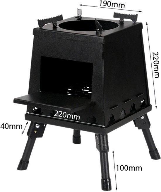 Houtgestookte tentkachel - Campingbarbecue - Draagbare houtkachel - Houtgestookte survivalkachel voor buiten - Opvouwbare winddichte campingkachel - Geschikt voor reizen, kamperen en buiten koken - Roestvrij staal - Zwart — afbeelding 5