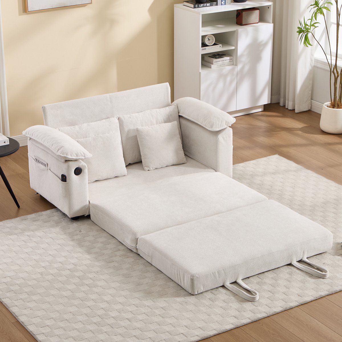 VVBV Slaapbank 135x66x80 cm - Slaapfunctie, Uitschuifbaar, Inklapbaar, Zijvakken - Wit, Chenille