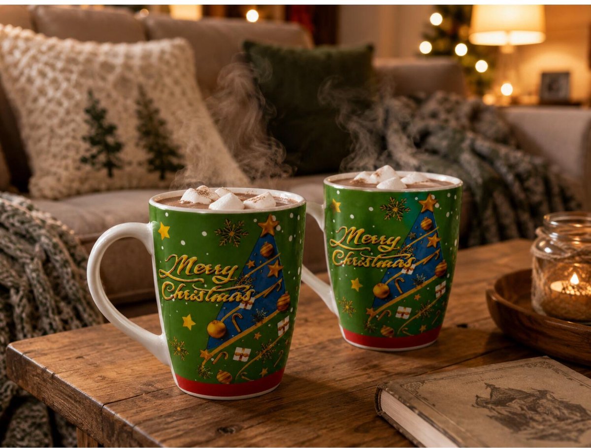 Excellent Houseware Kerst mok - 2x - Merry Christmas - gekleurd - 350 ml - keramiek - koffiemok - cadeaumok