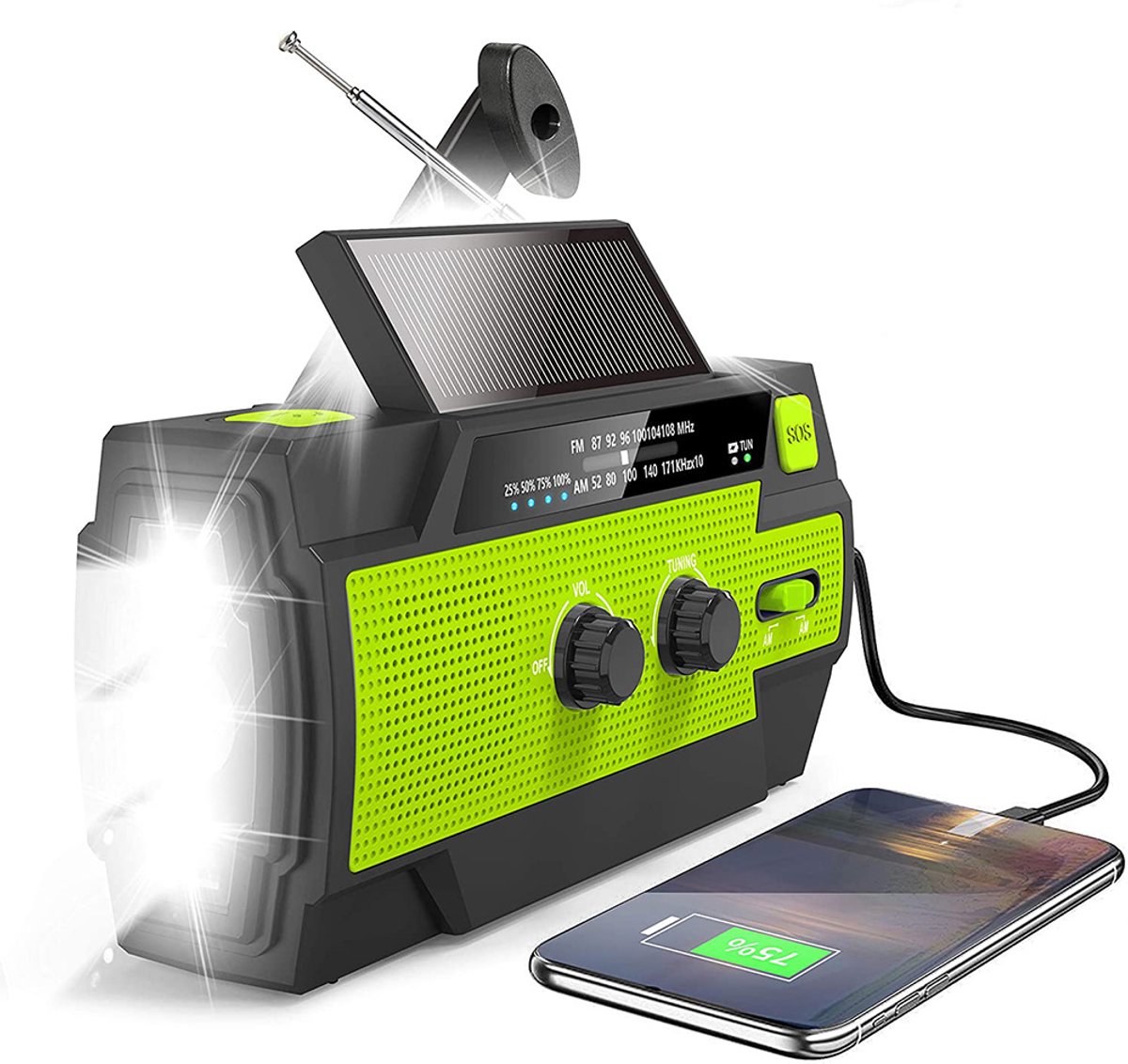 Draagbare radio - Noodradio - Radio met handslinger - Radio op zonne-energie - AM/FM-ontvangst - Ingebouwde generator - LED-zaklamp - 4000 mAh-batterij - Type-C - Overlevingskit - Groen