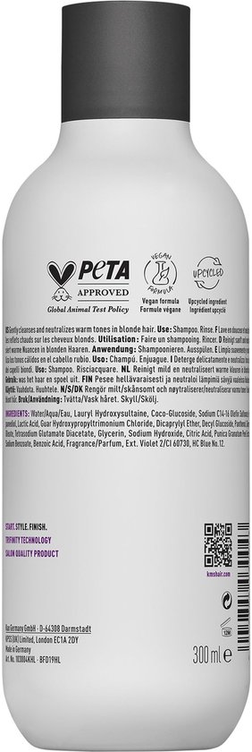 Achterkant van de KMS Color Vitality Blonde Shampoo fles met productinformatie, PETA-logo, vegan-logo en upcycled-logo.