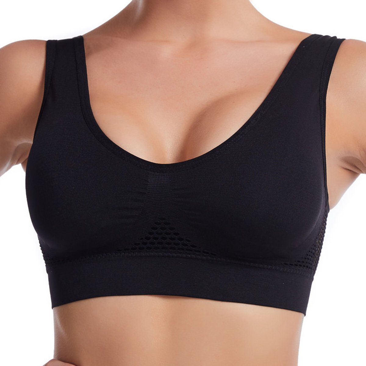 Sport beha yoga‑opengewerkt gaas‑ademende gaten‑grote maten‑zonder beugels‑sportbeha voor sport en yoga-Zwart-5XL