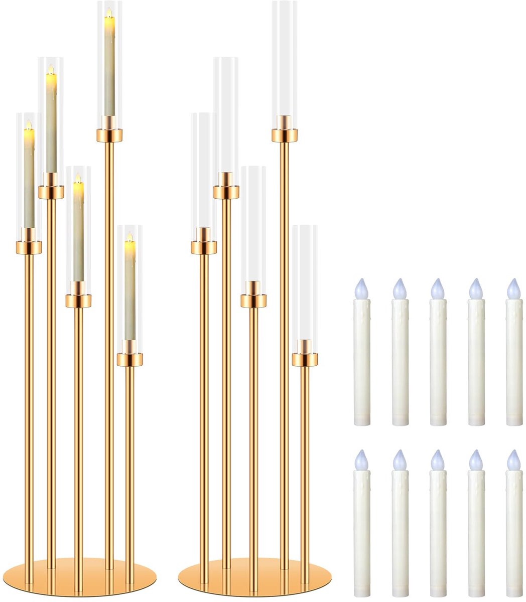 Famanu – Vloerkaarsenhouder met 5 armen, goudkleurig, 108 cm hoog, decoratie voor kerst, bruiloften, verjaardagen en feesten, set van 2