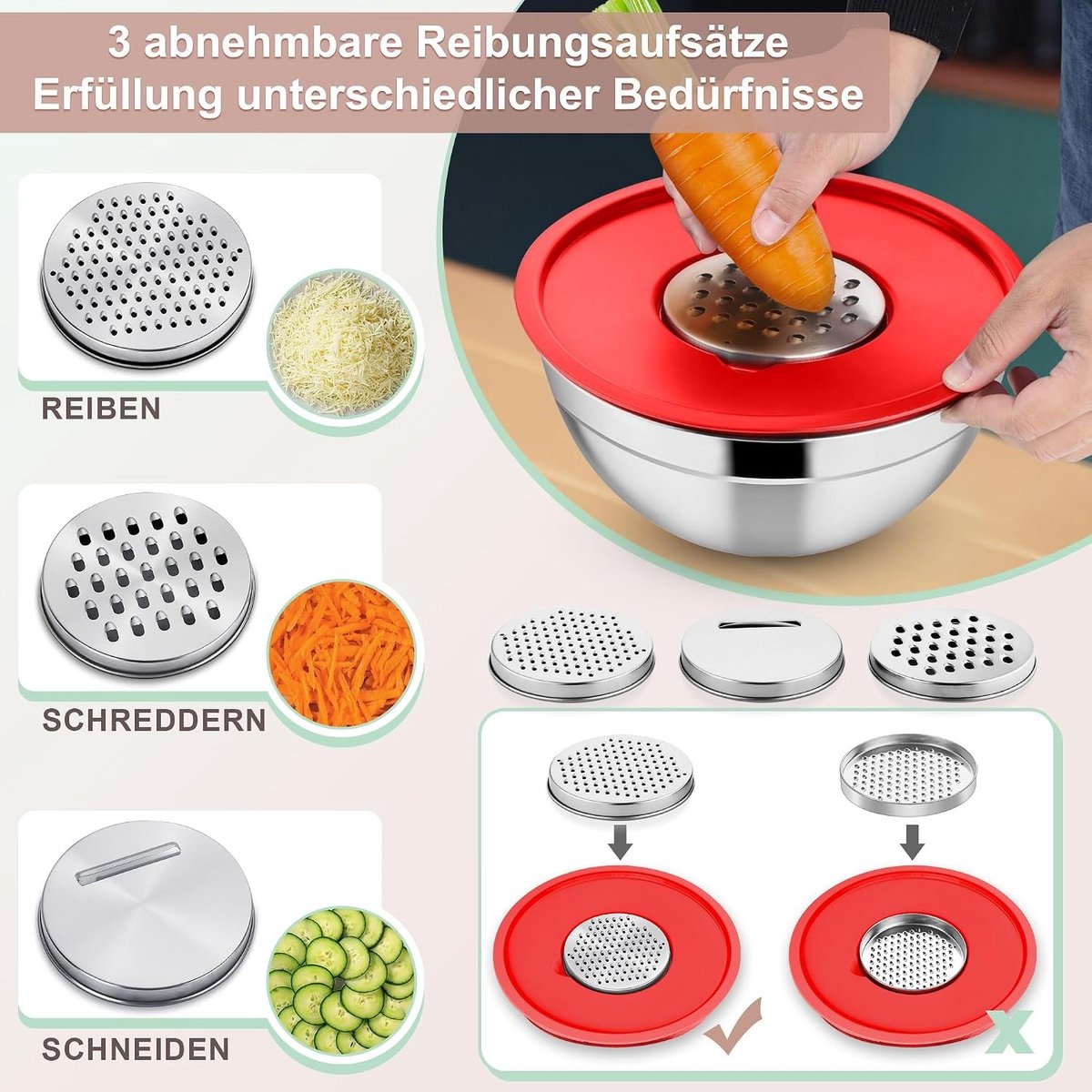 Mixkom Set van 5 Stukken met 3 Raspaccessoires in Multicolor voor Keuken en Bakken