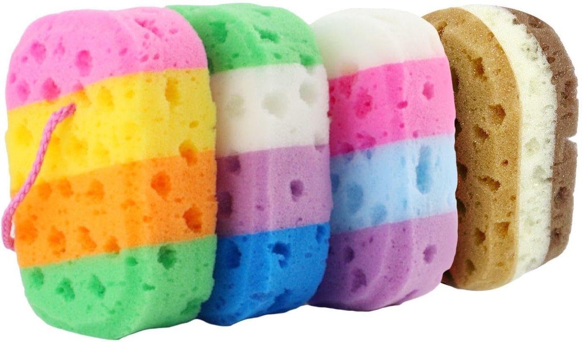 Set van 4 zachte badsponzen, exfoliërende sponsen en badkameraccessoires voor een verfrissende doucheervaring
