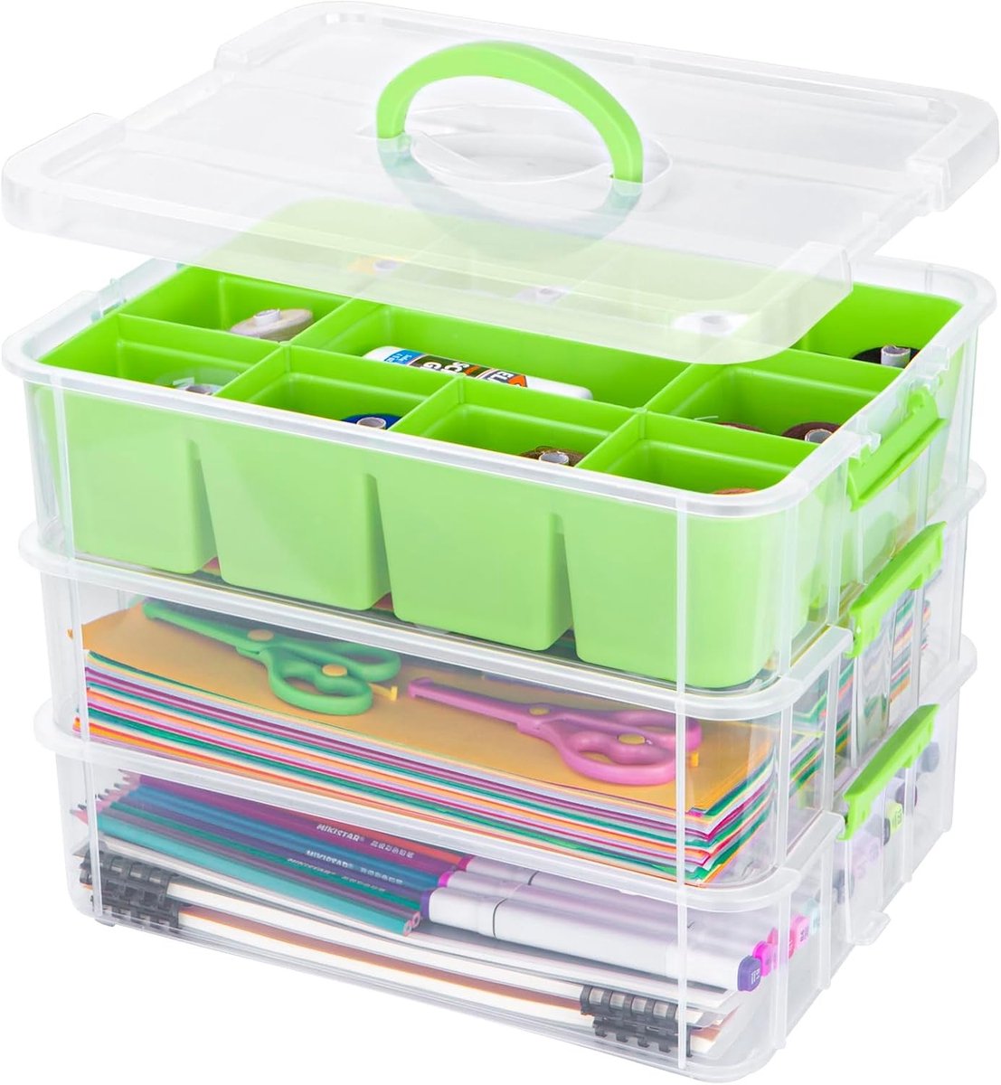 3-laags stapelbare plastic opbergdozen met deksel en verwijderbare tray, multifunctionele opbergcontainers voor het organiseren van knutselspullen en accessoires