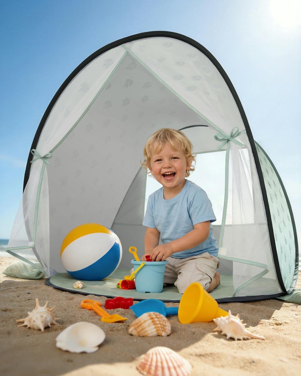 Famanu – Strandtent voor baby's met UV-bescherming 50+, pop-up strandtent voor kinderen, automatische opbouw, windbescherming, inclusief draagtas en haringen, zomermust-have