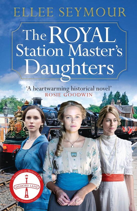 Boekomslag met drie vrouwen voor een stoomtrein, getiteld 'The Royal Station Master's Daughters'.