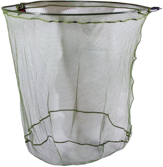 Groen schepnet met een brede opening en een diep, gevlochten net.