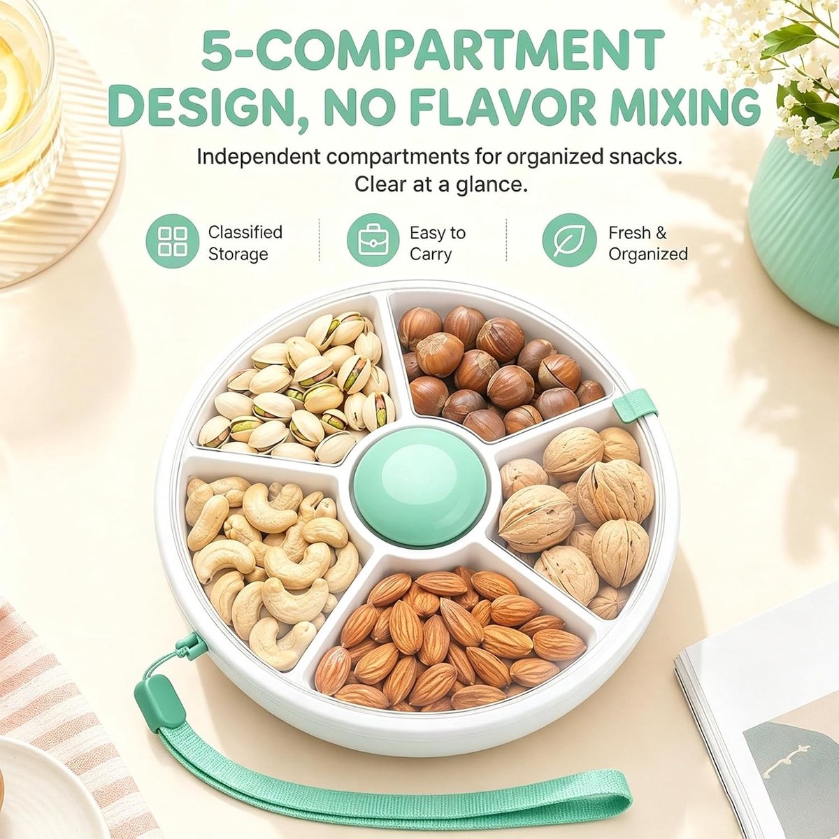 Snackbox Spinner - Groen - 18,3 x 18,3 x 6 cm - Draaibare Snackbox met Vakken - Voor Kinderen en Volwassenen