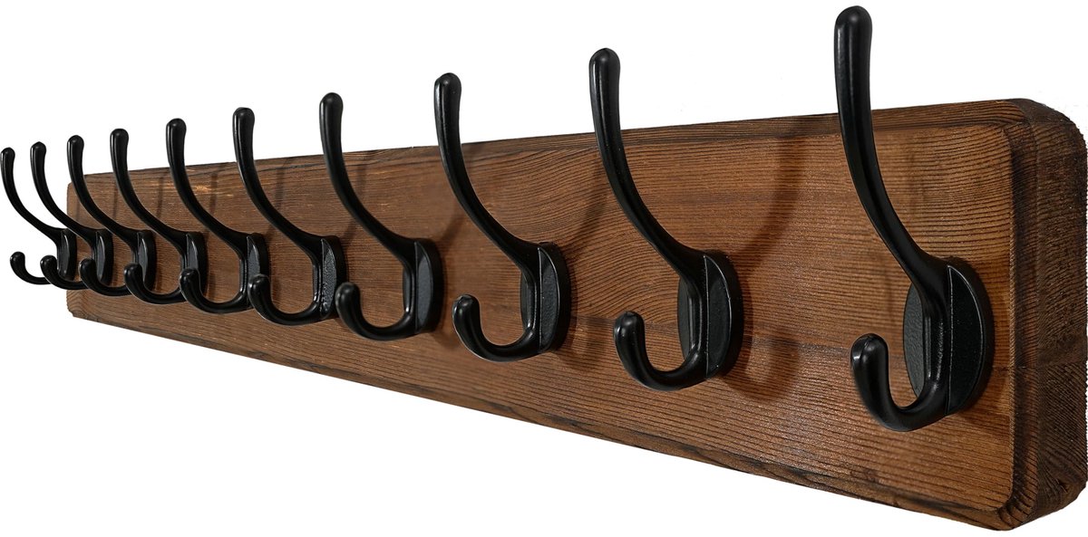 Famanu Kapstokhaak van 98 cm, wandkapstok van hout met 10 haken, kapstokrail voor jassen, rustiek bruin