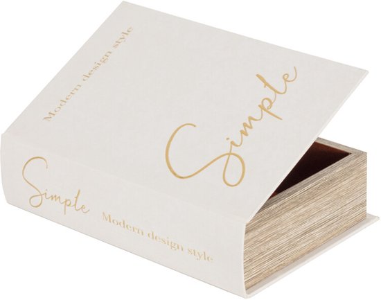 Wit opbergboek met gouden 'Simple' en 'Modern design style' tekst. Deels geopend, toont bruine binnenkant.