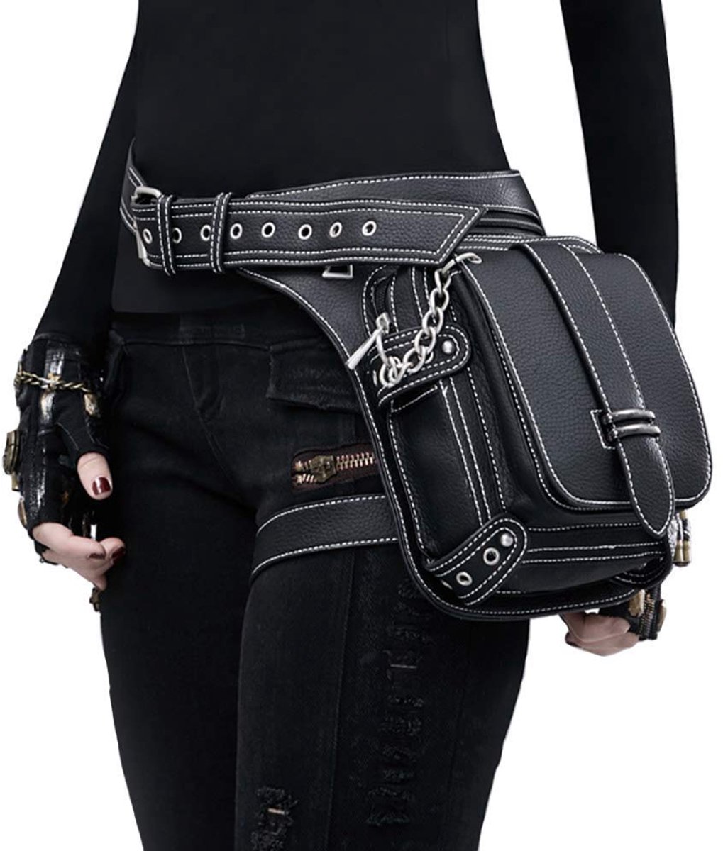 heup‑ en dijriemtas van PU‑leer, gothic stijl dijbeen tas met ketting en metalen details, verstelbare riem voor festival en cosplay, zwart