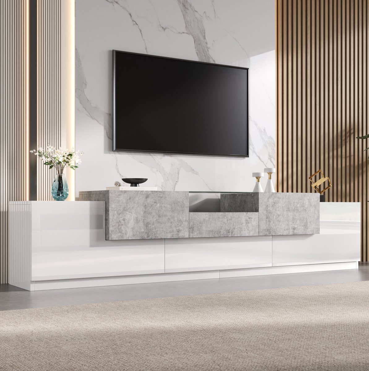 FloraGrace TV Meubel - Hoogglans Wit Met Cementlook En Glasplank - Modern Opbergmeubel Voor Woonkamer - PB En MDF - 200 Cm