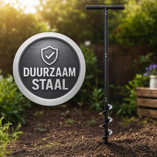 Zwarte grondboor met 'Duurzaam staal' icoon in een tuin.