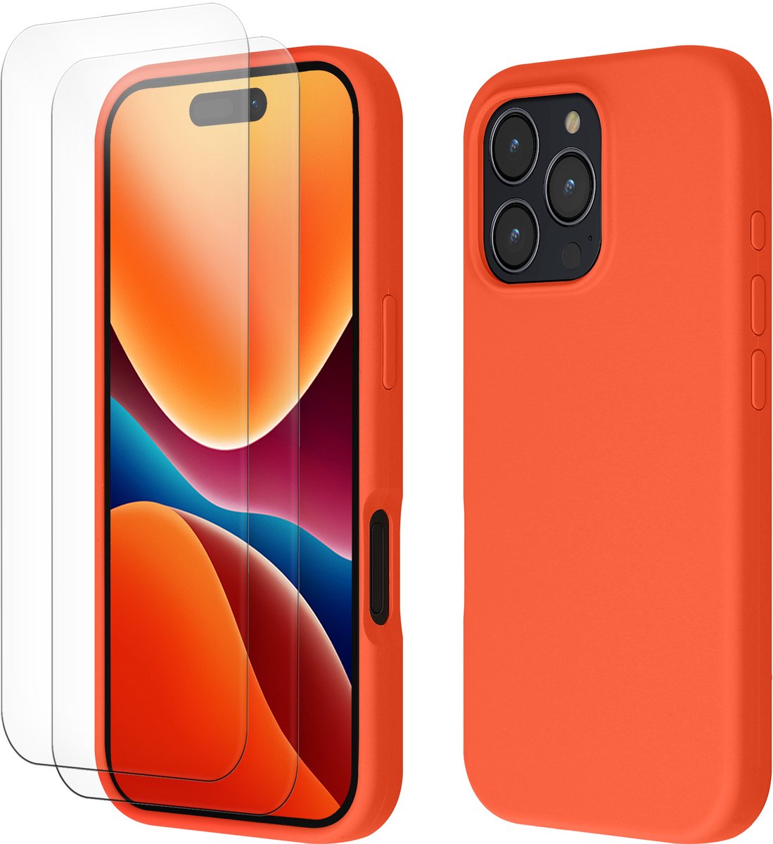 kwmobile hoes met 2x screenprotectors voor Apple iPhone 16 Pro – screenprotector van gehard glas – draadloos opladen – levendig koraal