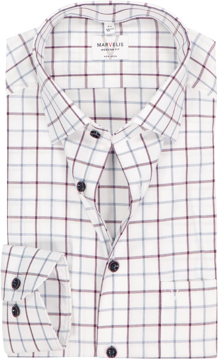 MARVELIS modern fit overhemd - popeline - wit met blauw en bordeaux geruit - Strijkvrij - Boordmaat: 42 (EU maat: L)