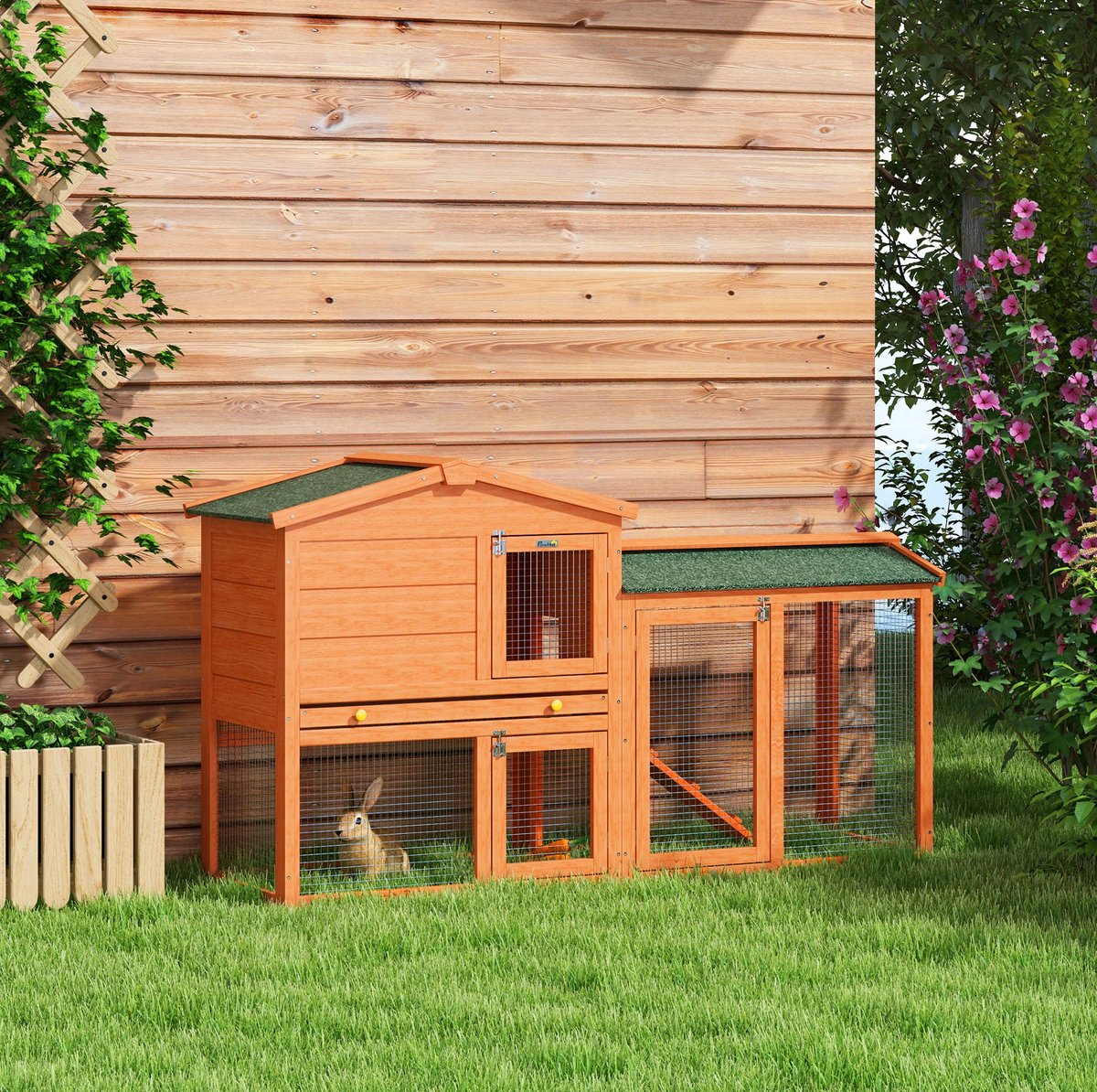 REDOM - Hasenstall / Kleintierstall - 2 lagen met vrijloopren - met uitschuifbare reinigingslade en ramp - hout - outdoor - voor konijnen en cavia's - 150 x 45 x 85 cm