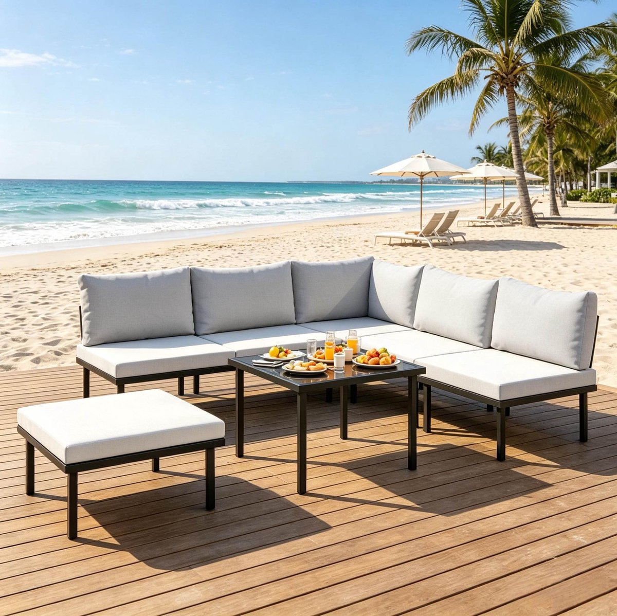 STILVORA Hoek Loungeset 5 Zitplaatsen - Modulair Met Kussens En Tafel - Voor Tuin En Terras - Metaal Glas Polyester - Lichtgrijs Zwart