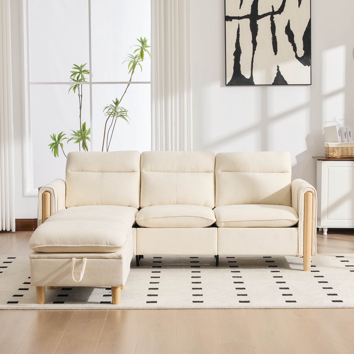 VVBV Hoekbank - Modulair Ontwerp, Opberghocker, Zijvakken - Beige, Chenille/Hout