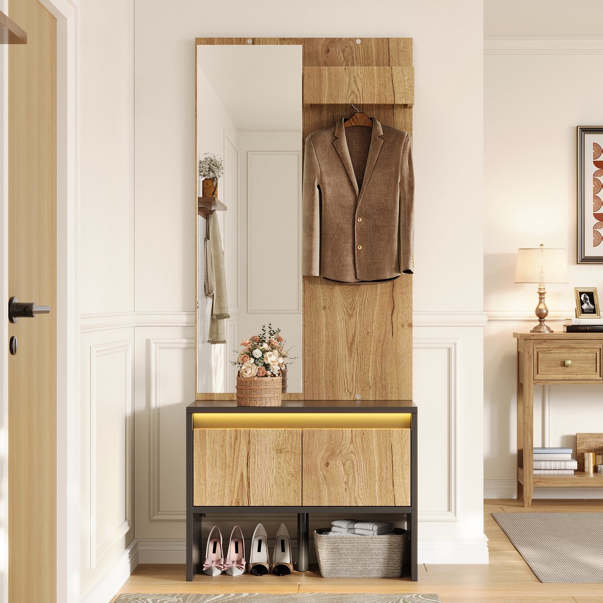 Pugsdrly Garderobeset met kledingrek, kledinghaken, spiegel, schoenenbank en 2 lades – in zwart en naturel, 60 × 38 × 145 cm