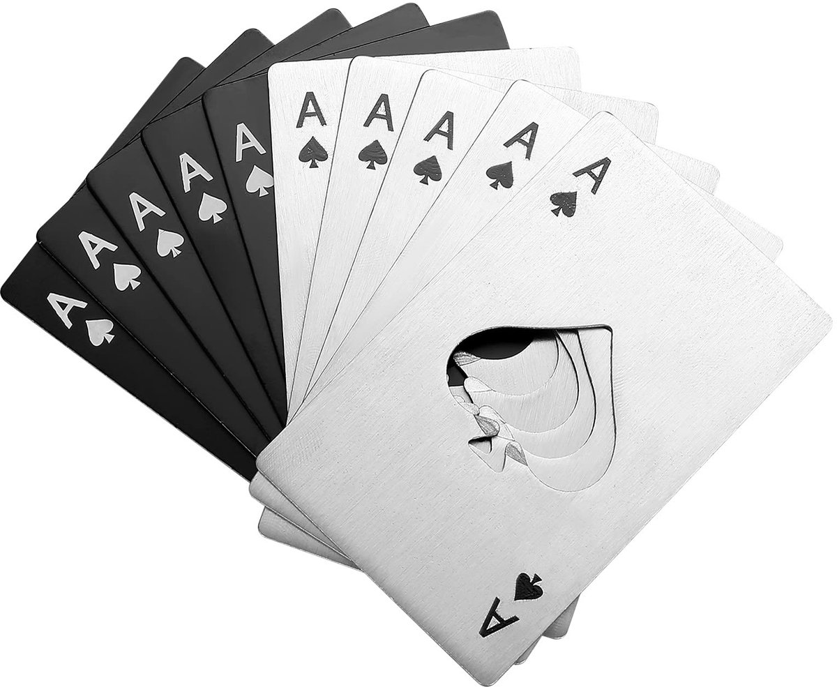 Namajunas - Poker flesopener - 10 stucks - 5 zwarte en 5 zilveren - Openers set voor bier en blikjes - Roestvrijstalen flesopener in poker kaart vorm - Bier accessoires - Keukenhulp