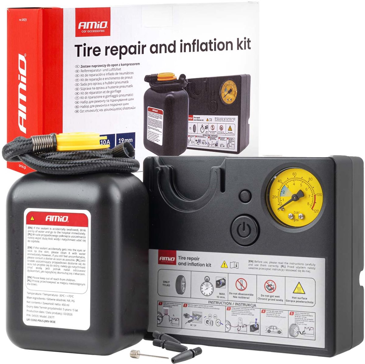 AMiO Bandenreparatie- en Oppompset 19mm Cilinder 12V - Compressor Lekke Band Repareren en Oppompen Auto
