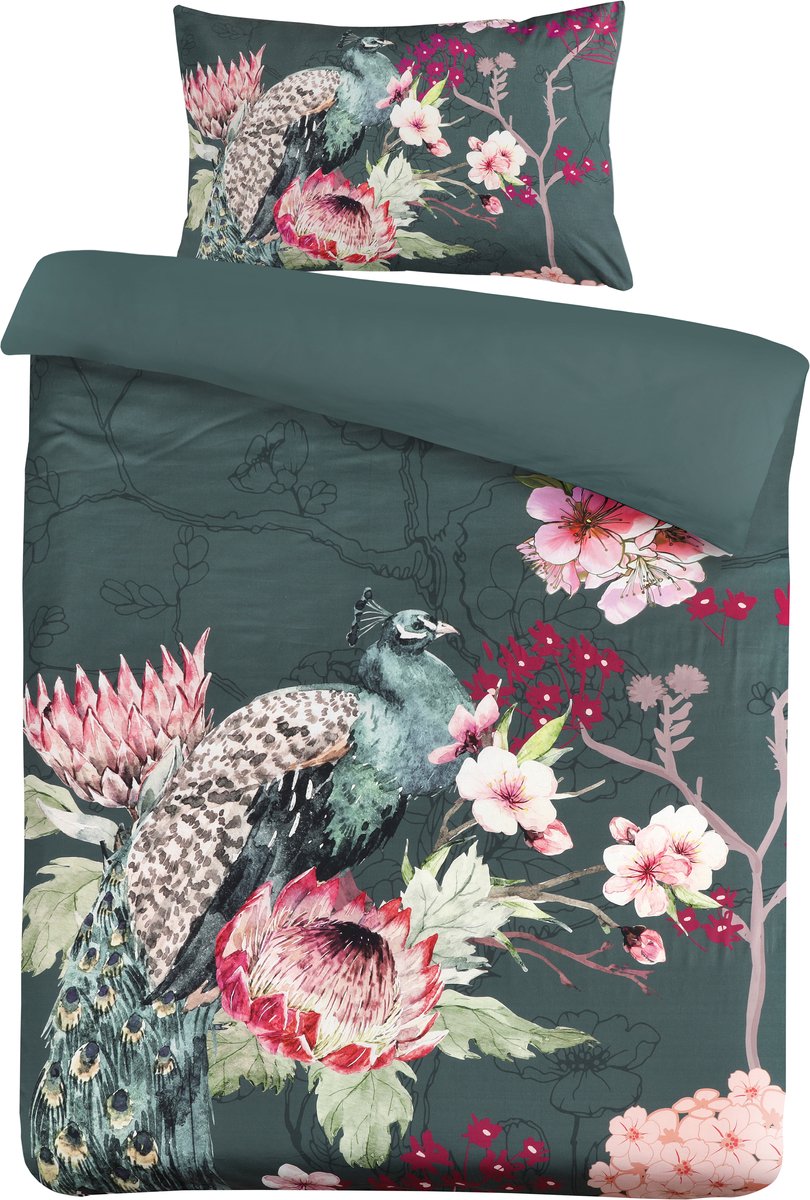 Padiro dekbedovertrek 140 x 200 cm - meerkleurig / groen - exotisch pauw & plant design - katoensatijn - met 1 kussensloop 65 x 65 cm
