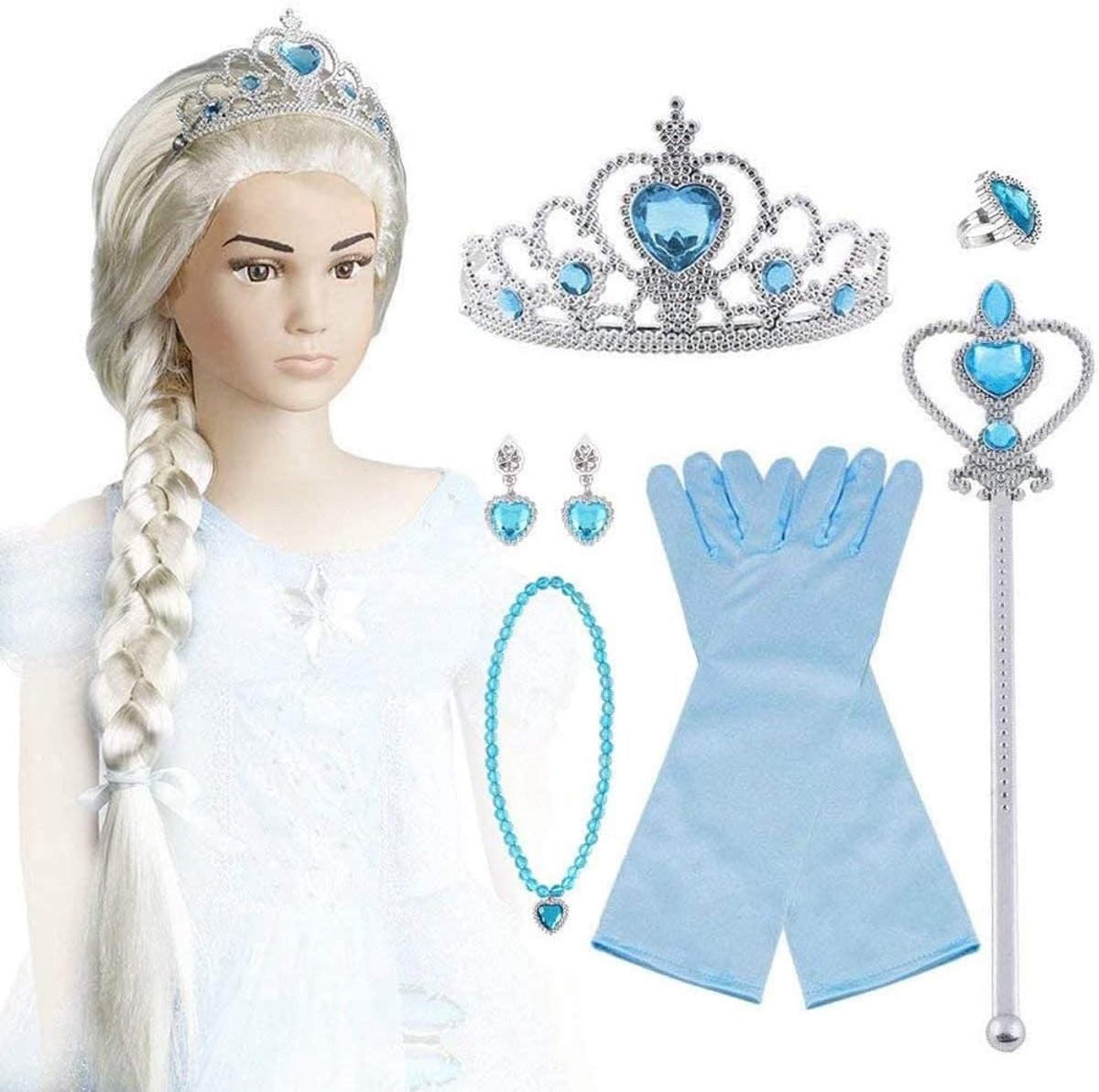 Prinsessen Kostuum Accessoires voor Meisjes, 9-delige Sieraden Set met Kroon, Toverstaf, Perücke, Handschoenen, Oorbellen en Ring - Perfect voor Feestjes en Verkleedpartijen