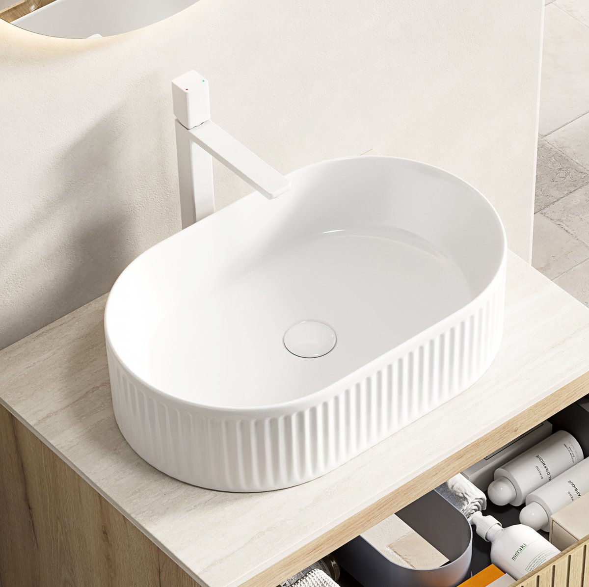 MIVRAY Waskom Ovaal Gestreept Keramiek Wit Opzet Met Standaard Kraangat Voor Badkamer En Wastafel 49 Cm Zonder Kraan
