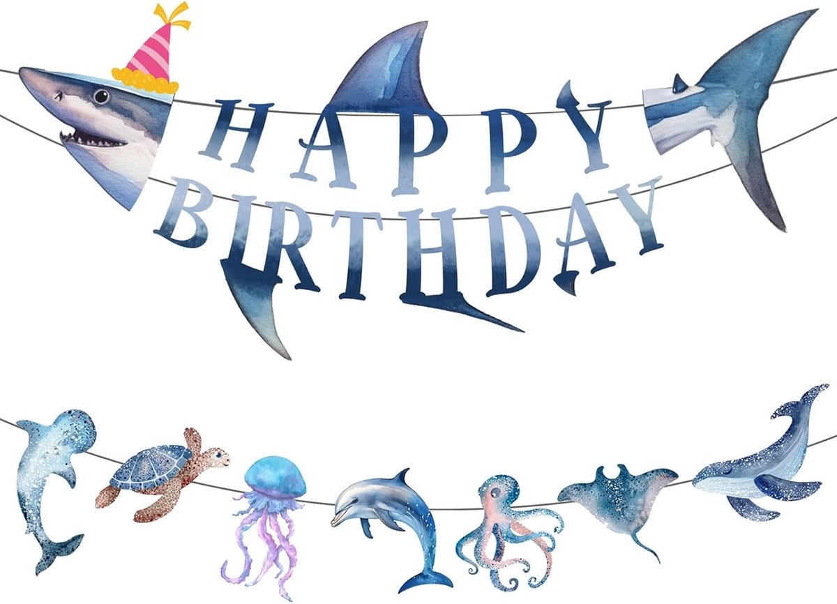 Verjaardagsbanner Set - Zeethema Feestaccessoires voor Kinderen, Haai en Zee Dieren Versieringen voor een Onderwater Verjaardagsfeest