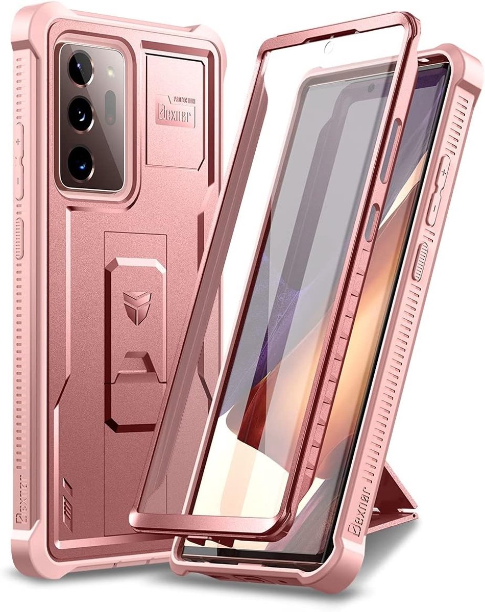 Zware Schokbestendige Beschermcase voor Samsung Note 20 Ultra met Ingebouwde Schermbeschermer en Kickstand - Roze, Militaire Kwaliteit, Duurzaam en Stijlvol