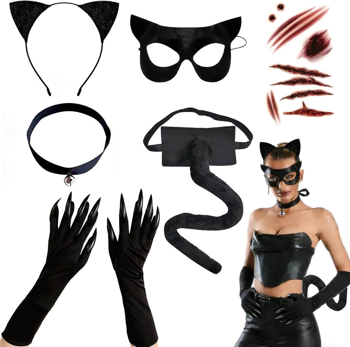 Zesdelige Zwarte Kat Kostuum voor Vrouwen, Catwoman Outfit met Accessoires voor Halloween, Carnaval en Cosplay Feesten