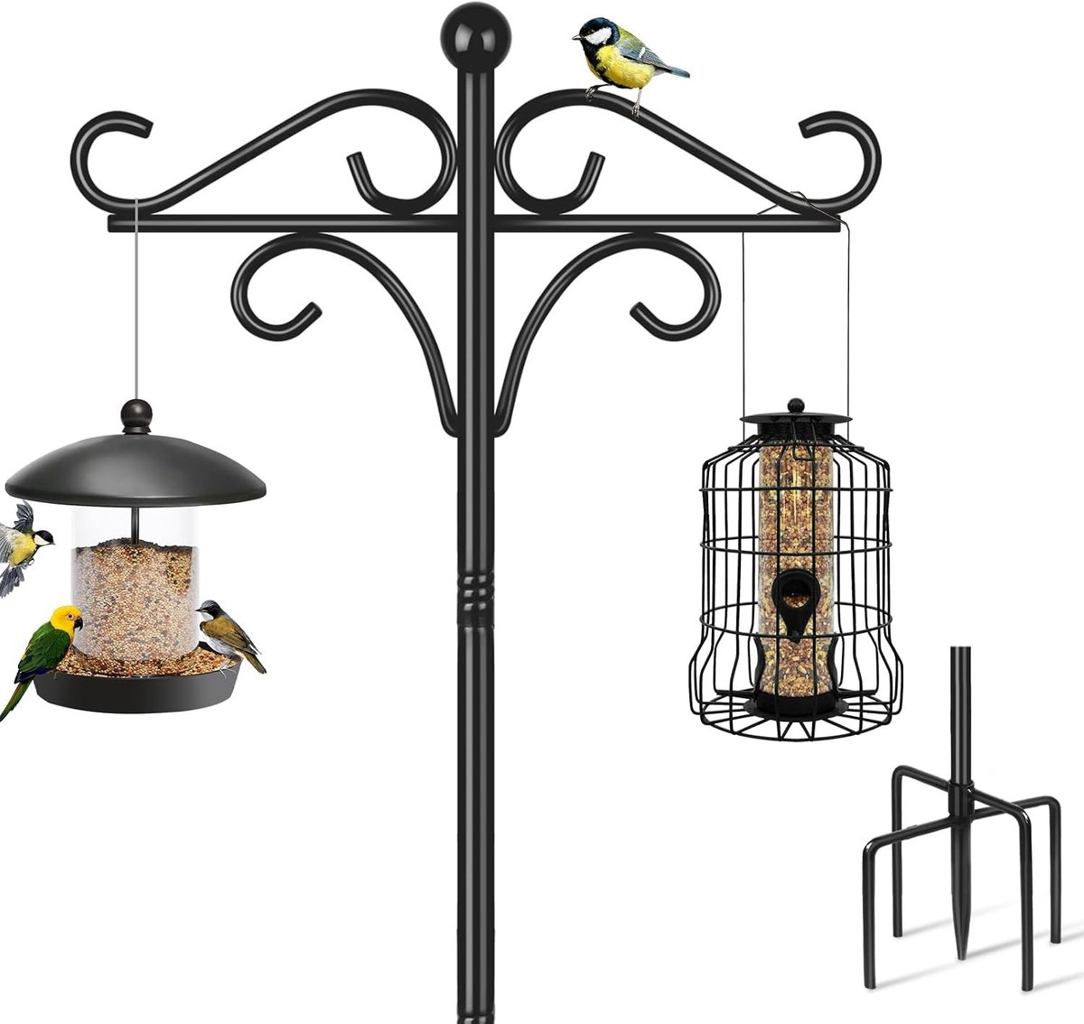Verstelbare Voederstandaard van 195 cm voor Tuinvogels, Met 2 Haken en Stevige Dubbele Schapenboog voor Buiten, Ideaal voor Voederhuisjes en Plantenlampen