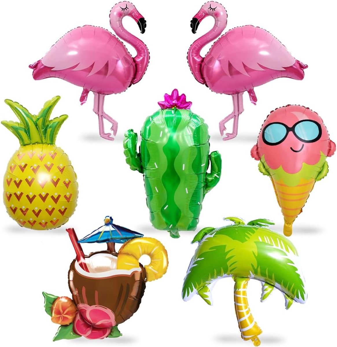 SnelShoppen - 7 Delige XXL Hawaiiaanse Feestfolie Ballonset met Flamingo, Ananas, Cactus, Kokosnoot, IJs en Boom - Tropische Helium Ballonnen voor Alo