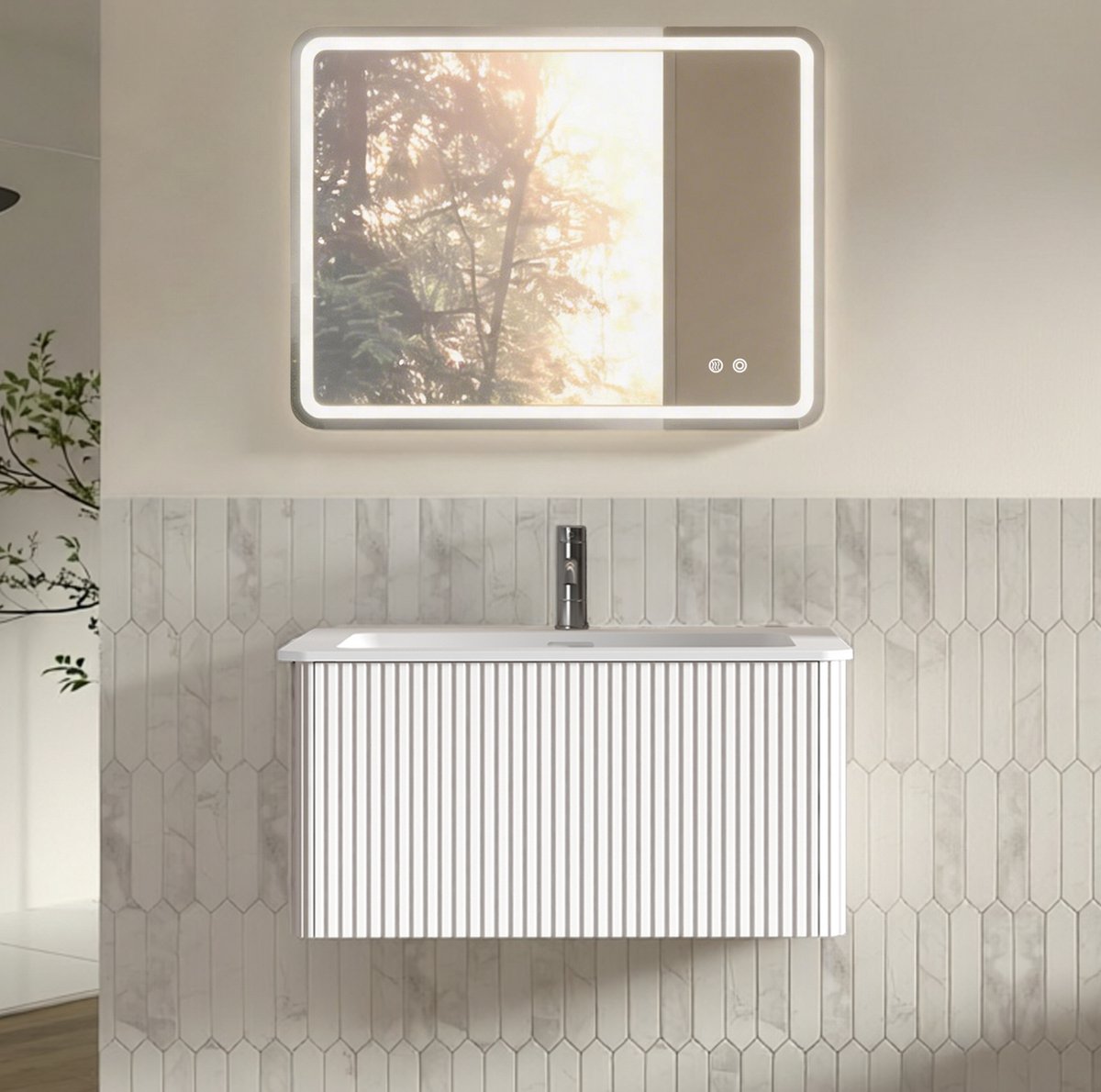 MIVRAY Badkamer Wastafelmeubel Set Met Led Spiegel En 1 Lade Wandhangend Ruimtebesparend Voor Moderne Badkamers Wit 80 Cm