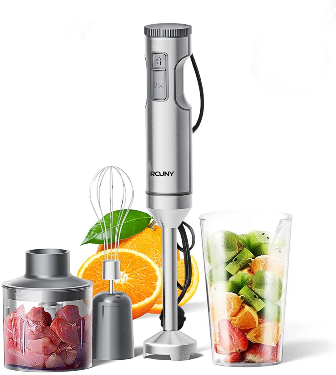 Staafmixer 1200W – 4-in-1 Handblender met Hakmolen, Garde en Maatbeker – 15.000 RPM – RVS Schacht